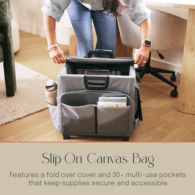 Folding Mobile Utility Cart, Canvas Organizer Bag, Dark Grey/Grey | Durable plastic, 30 compartments, adjustable handle, 40 lb capacity, collapses to 3" thick, rolling wheels for easy transport - Image 4