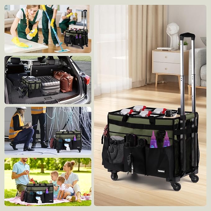 Extra-Large Rolling Cleaning Caddy with Wheels,Cleaning Caddy Bag with Detachable Trolley,Water Resistant Lining Cleaning Supply Organizer with Handle for Cleaners,Housekeepers (Army Green) - Image 7