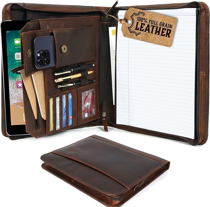 Leather Portfolio for Men, Portfolio Organizer with Zipper for Men Women, Leather Padfolios Business Resume Legal Pad Notebook Binder for A4/Pad (Brown) by FINETOUCHLEATHERS