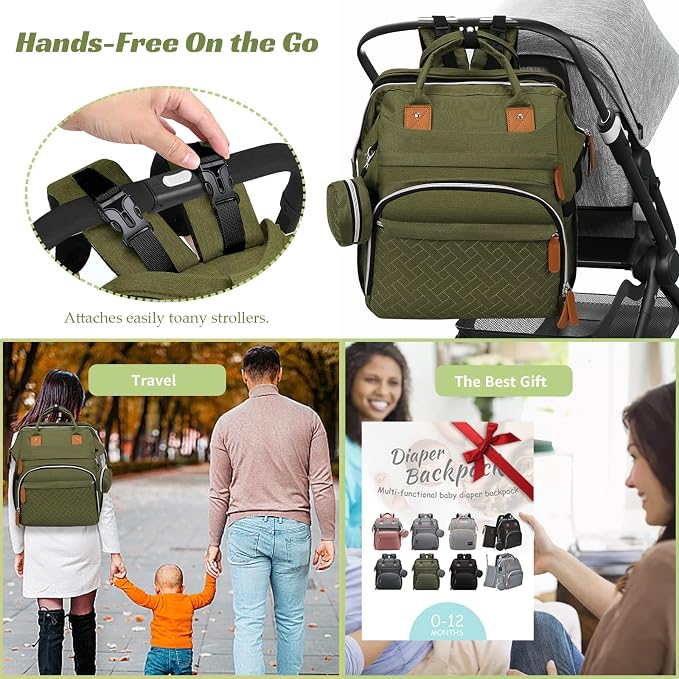 Diaper Bag Backpack for New Parents, Large Capacity Baby Travel Bag with Bottle Holders, Multiple Compartments (Green) - Image 5