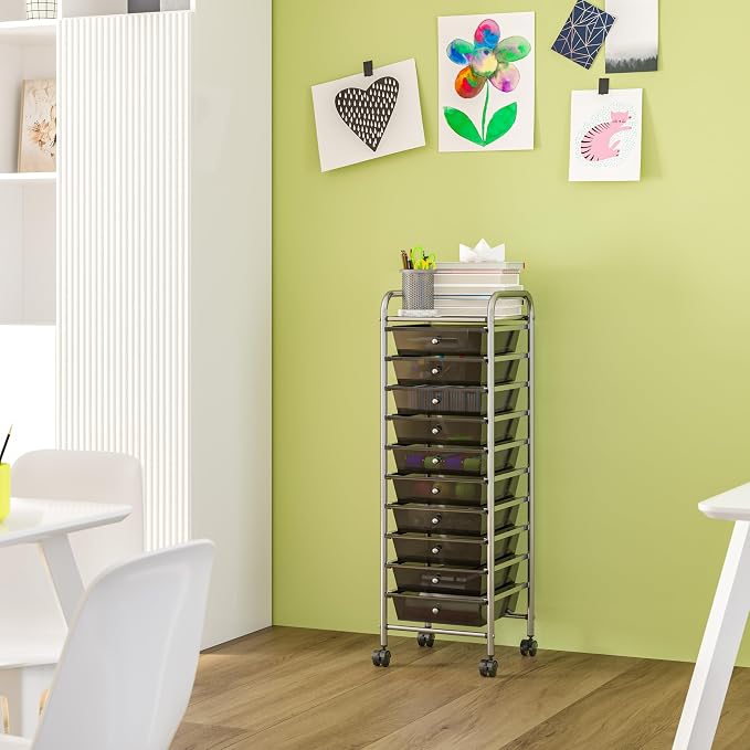 Seville Classics Rolling Utility Organizer Storage Cart, for Home Office, School, Classroom, Scrapbook, Hobby, Craft, 10 Drawer, Black - Image 10
