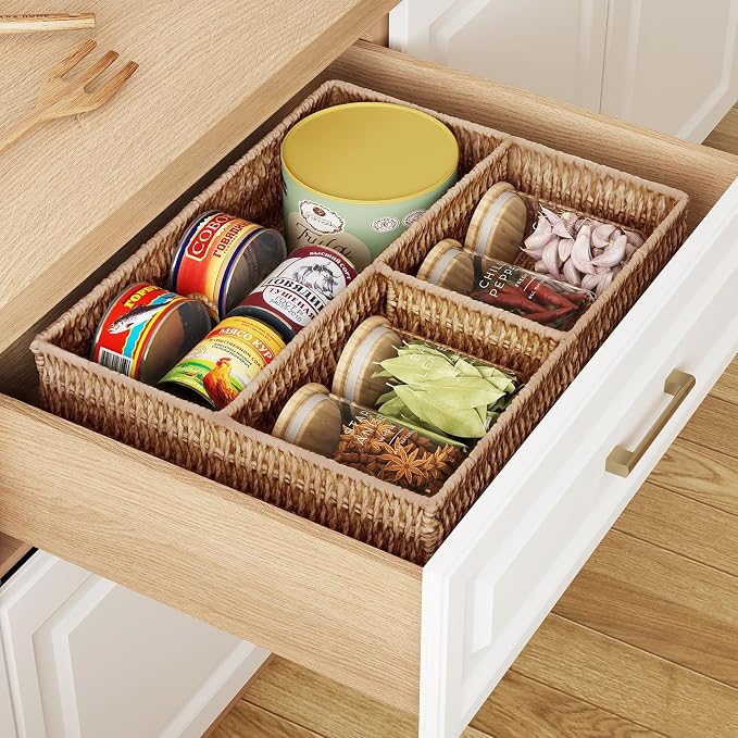 Wicker Divided Storage Basket, Wicker Baskets, Basket for Shelves Drawer Organizing, 3 Section Rectangular Woven Storage Baskets, 2-Pack, Natural - Image 5