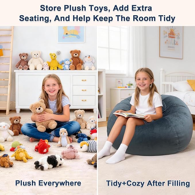 Lukeight Stuffed Animal Storage Bean Bag Chair Cover for Kids, Velvet Plush Toy Organizer Seat, Cover Only, No Filling Included, Long YKK Zipper, Side Pocket, Large 27"D x 16"H - Image 3