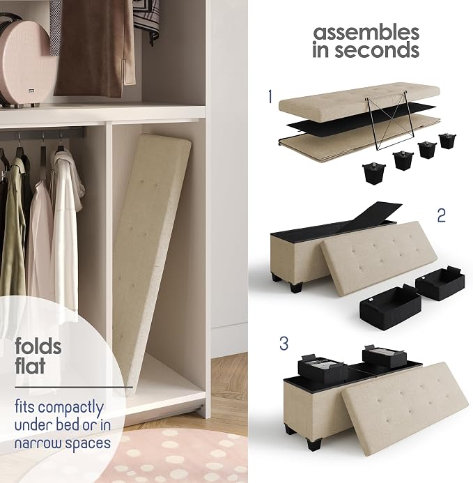 Storage Ottoman Bench with Bins, 43-in Storage Bench for Bedroom End of Bed, Folding Foot Rest Ottoman for Living Room Max 660lbs, Fabric Ottomans, Beige - Image 6