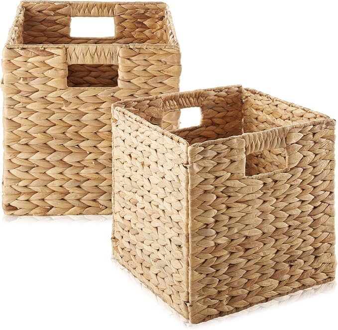 Casafield 10.5" x 10.5" Water Hyacinth Storage Baskets, Natural - Set of 2 Collapsible Cube Organizers, Woven Bins for Bathroom, Bedroom, Laundry, Pantry, Shelves by Casafield
