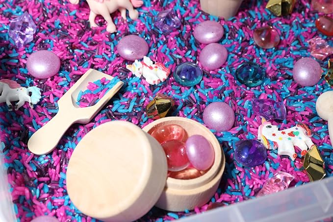 Unicorn Sensory Bin Kit for Kids | Pink, Purple & Blue Rice, Unicorn Figurines & Charms, Crystals & Wooden Tools – Includes Clear Storage Bin - Image 4