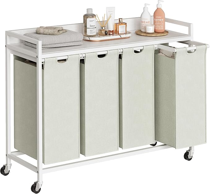 Herture Laundry Hampers with Shelf, Laundry Basket 4 Section, 4 x 15.87 Gal | Laundry Sorter with Pull-Out Removable Large 4 White Bags and Movable Wheels, Metal Frame, White PF07XLW by Herture