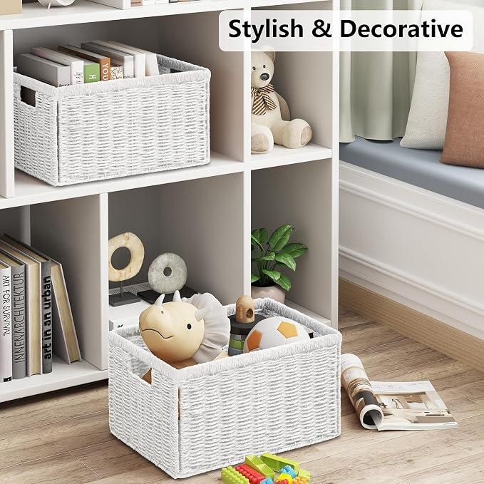 2 Packs Large Wicker Storage Basket, Closet Storage Baskets Bins for Shelves, Decorative Collapsible Baskets for Organizing Clothes Toy Nursery Bathroom Organizers and Storage, White - Image 4