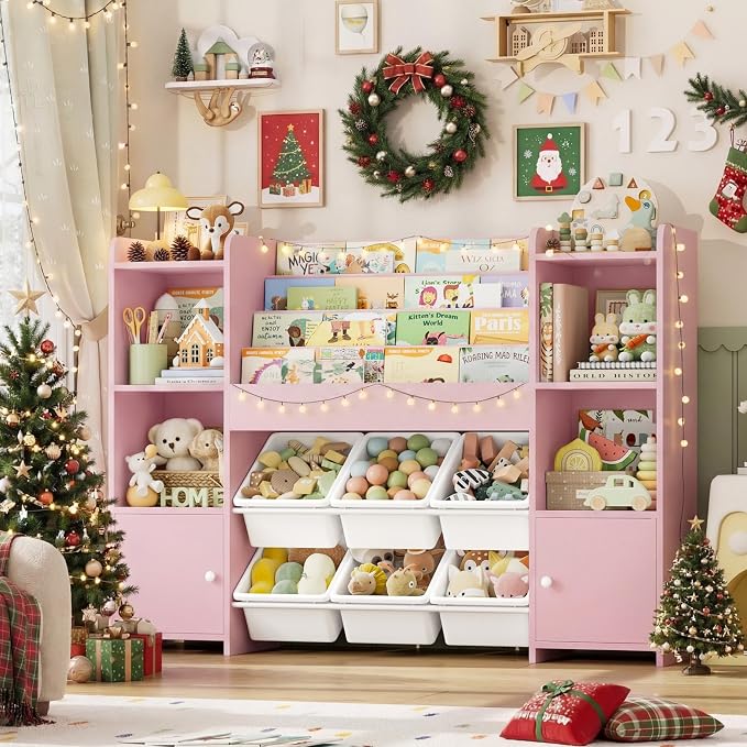 Toy Storage Organizer with 6 Toy Bins & 4 Tier Kids Bookshelf | Toy Organizer with 6 Cubbies, Kids Toy Organizers and Toy Storage with Bins, Playroom Storage and Toy Chest, Pink - Image 4
