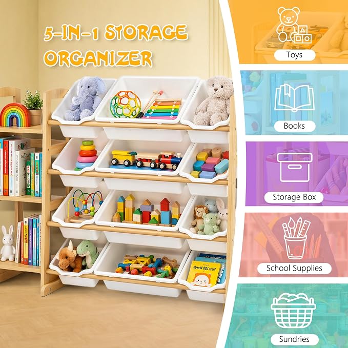 Toy Storage Organizer with 12 Bins & 3-Tier Bookshelf - White | 12 Removable Bins Keep Toys Sorted; 3-Tier Kids Bookshelf Creates Easy-Access Storage for Kids Rooms and Playrooms - Image 6