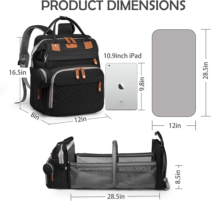 Diaper Bag Backpack with Changing Station, Waterproof for Travel, Black - Image 3