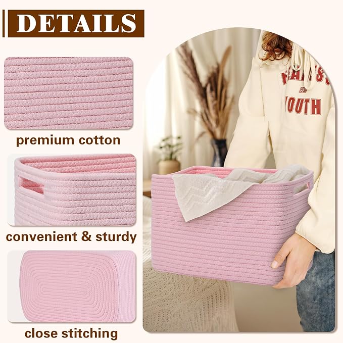 Storage Baskets for Organizing, 4 Pack Baskets for Shelves, Decorative Storage Bins for Shelves, Cotton Rope Storage Basket with Handles, Woven Basket for Storage, 13''Lx8.7''Wx7.9''H, Pink - Image 5