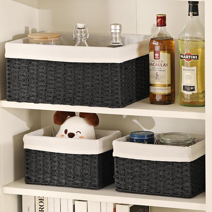 Storage Basket, 3-Pack Woven Paper Rope Wicker Baskets for Storage with Handles, 15 Inches Large Cube Storage Bins Woven Storage Baskets with Liners for Shelves Organizing & Decor, Black - Image 5