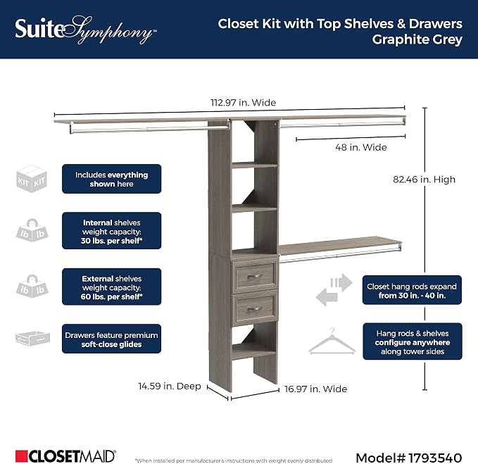 ClosetMaid SuiteSymphony Wood Closet Organizer Kit with Tower, 3 Hang Rods, Top Shelves, 2 Drawers, Adjustable, Fits Spaces 5-9 ft. Wide, Graphite Grey - Image 3