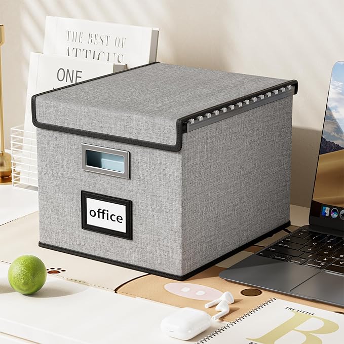 File Organizer Box with Lids, Collapsible File Folder Organizer | File Box with Plastic Slides for Office Document Storage, Filing Bin for Letter Size Hanging File Folders (2 Pack, Gray) - Image 4