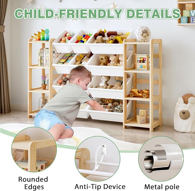 MallBest Extra Wide Toy Storage Organizer with Dual Bookshelves, Kids Wooden Shelf with 12 Removable Bins for Books, Toys, Playroom, Nursery, Bedroom, Natural, Large - Image 5