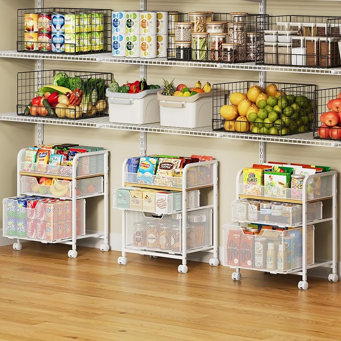 Yociyoga 3 Tier Rolling Cart with Drawers,Pantry Storage Cart with Wheels,Under Desk Storage Cart for Small Space,Pantry Floor Organizers and Storage,Metal Load-Bearing Utility Craft Cart,White by FollowWithYociyogaTogether