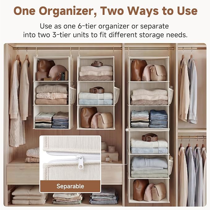 StorageWorks 6-Shelf Closet Organizers, Two 3-Shelf Separable Hanging Shelves for Closet, 12 1⁄2" D x 12 1⁄2" W x 47 ¼" H, Mixing of Beige, White & Ivory - Image 4