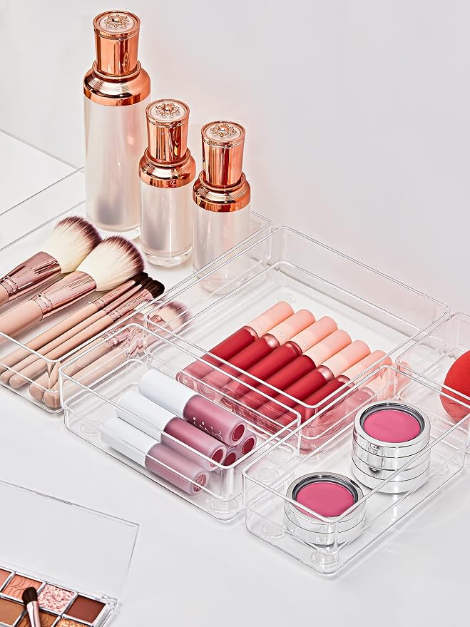 SMARTAKE 16 PCS Drawer Organizer, 5-Size Desk Bathroom Drawer Organizer | 5-Size Storage Tray with Non-Slip Silicone Pads for Makeup, Jewelries, Utensils in Bedroom Dresser, Office and Kitchen, Clear - Image 3
