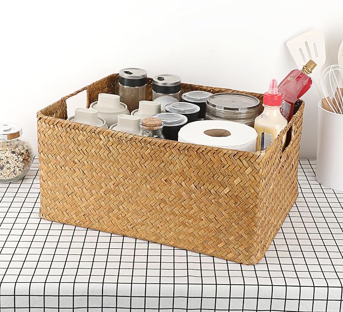Hipiwe Seagrass Storage Baskets Bin for Shelf, X-Large Woven Wicker Basket | Rectangular Closet Bedroom Organizer Built-in Handles, Multipurpose Pantry Basket Bin, Caramel Color - Image 2