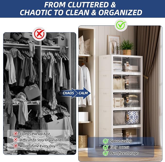 SAILUN 180QT/45Gal Stackable Storage Bins with a Lid, Collapsible Storage Bins With Doors, Folding Cabinet for Home Closet Organization,5 Pack-17.7" W x 11.8" D x 48.4" H White - Image 2
