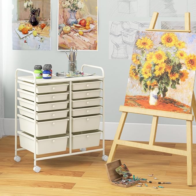 Giantex 12 Drawers Rolling Storage Cart, Classroom Organizers with Wheels for Tools Scrapbook Craft Paper Teacher Office School Supplies (Ivory) - Image 9