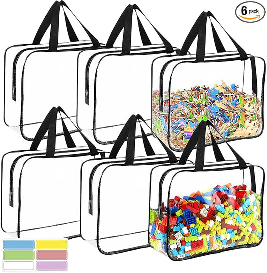 6 Packs Large Toy Storage Bags with Labels, Reusable Clear PVC Board Game Storage, Travel Waterproof Organizer Bags with Zipper for Building Blocks, Puzzle, Kids Books by OPELETNNT