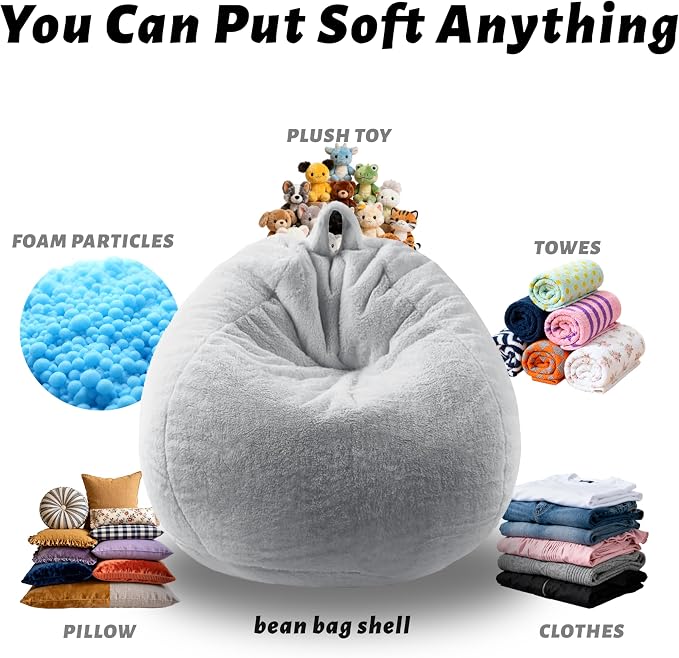 Faux Fur Bean Bag Cover (No Filler)Stuffed Animal Storage Adults Light Gray | Bean Bag Covers Large Bean Bag Sofa for Adults, furry fuzzy surface,for living room bedroom holiday gift - Image 5