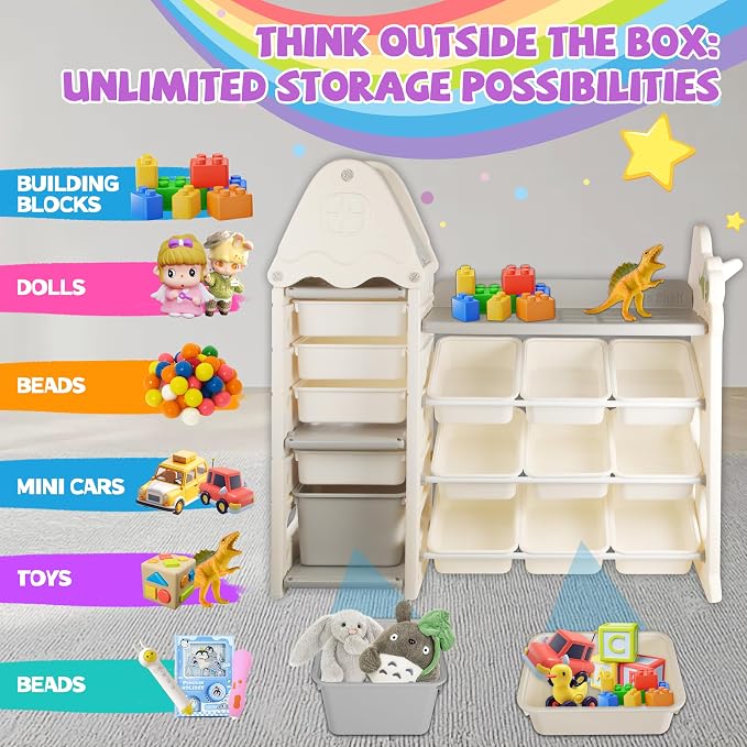 4-Tier Kids Toy Storage Organizer with 14 Removable Toy Bins | Toy Bins for Kids Organizer Made of High-Density Polyethylene with Smooth Rounded Edges for Safe and Stable Toy, Book Storage - Image 5