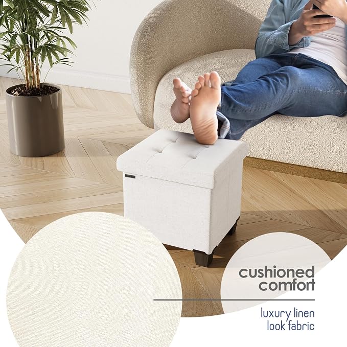 Storage Ottoman Cube with Small Bin, 15-in Square Ottoman with Storage for Living Room and Bedroom, Small Ottomans Foot Rest, Fabric Foot Stools Ottomans Max 330lbs, Cream - Image 7