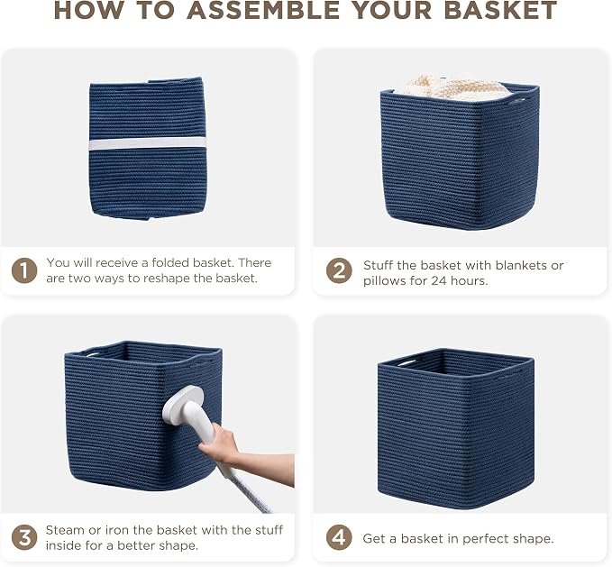 joybest 11inch Cube Storage Bins, Cotton Rope Woven Organizer Basket | Set of 4 Cube Bin Square Shelves Organizer Closet Storage, Nursery, Toy Organization, Navy Blue - Image 7