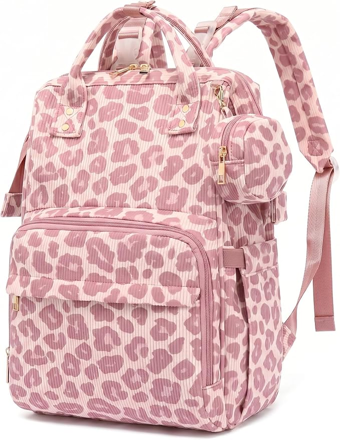 Baby Diaper Bag Backpacks for Mom Dad, Corduroy Large Capacity Multifunction Nappy Bag with Pacifier Case, Baby Travel Essentials Diaper Backpack for Boys Girls - Leopard Purple by Unknown