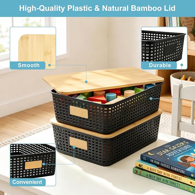 4 Pack Plastic Storage Bins with Bamboo Lids, 6.2qt Stackable Storage Organizer Box with Lable for Pantry Shelves Drawers Desktop Office, 12"L x 8.3"W x 3.5"H, Black - Image 2