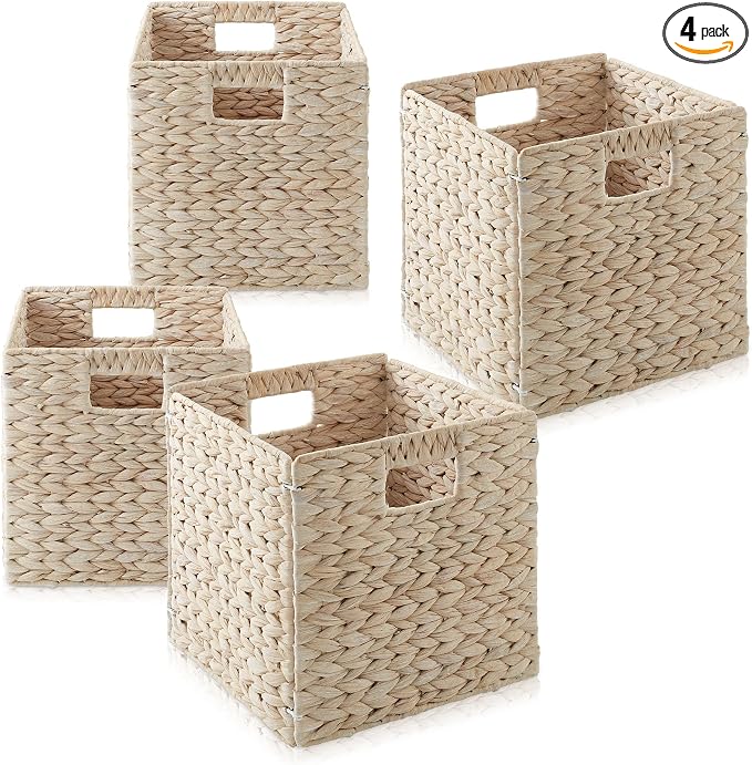 Casafield 10.5" x 10.5" Hyacinth Storage Baskets, Whitewash - Set of 4 Storage Organizers, Woven Wicker Cubes for Bathroom, Bedroom, Laundry, Shelves by Casafield