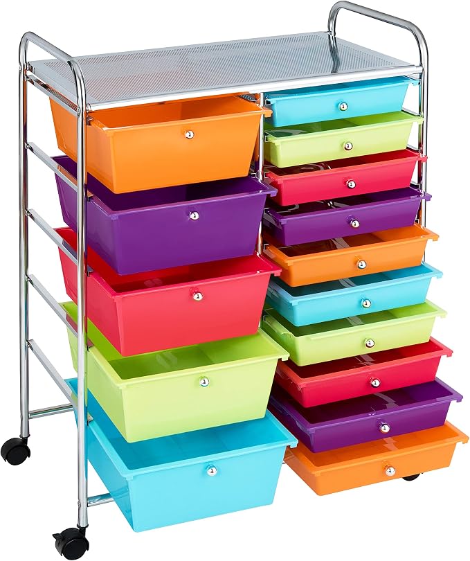 RELAX4LIFE 15 Drawer Rolling Storage Cart, Mobile Drawer Carts for Craft Art Supply Paper Salon, Utility Cart on Wheels for Classroom Teacher School Office, Rolling Cart with Drawers (Multi-Color) by RELAX4LIFE