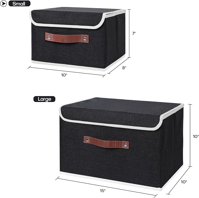 ANMINY Fabric Storage Box Bins with Lids, Black, 15"x10"x10", 2 Pack | Keepsake Memory Storage, Cotton Linen, PP Board Reinforced, Washable, PU Handles, Foldable & Stackable, Decorative, Large - Image 5