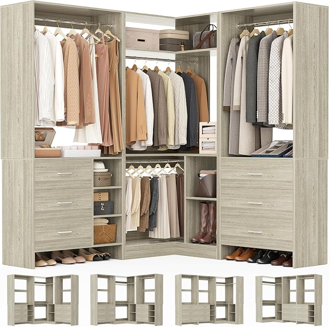 Aheaplus Closet System with 6 Drawers, 4 Hanging Rods & Corner Tower, Corner Closet System with Hanging, 86.8" L-Shaped Walk-In Wardrobe Organizer, 2000+ lbs Capacity, Set of 3, White Oak by Aheaplus