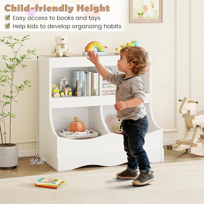 HONEY JOY Kids Toy Storage Organizer, 4-Cubby Wooden Bookcase Cabinet, 2-Tier Open Daycare Shelf for Preschool, Kids Display Bookshelf for Bedroom, Playroom, Classroom & Nursery (White) - Image 8