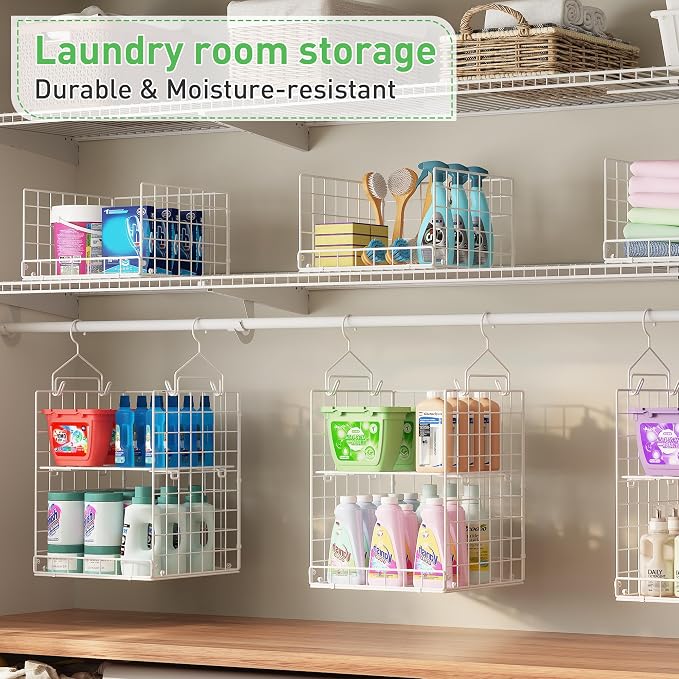 6 Tier Hanging Closet Organizers and Storage, 4 Hooks 2 Adjustable Dividers | Stackable Hanging Closet Shelves, Wire Storage Basket Bins for Clothing Purse Sweaters Shoes Socks Dolls, Foldable - Image 5