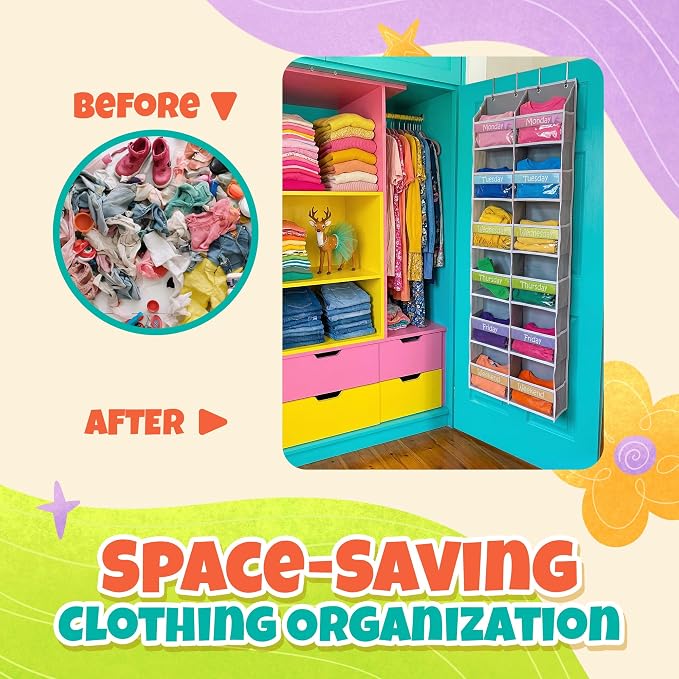 Weekly Clothes Organizer for Kids Closet Daily Outfit Storage 12 Shelf | Houseables Days of the Week Clothes Organizer, Monday through Friday Clothing, Weekday, M-F, School, Hanging, Over Door - Image 7
