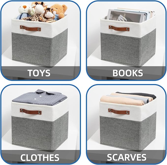 Temary Storage Cubes 12x12 Fabric Cube Storage Bins Foldable Storage Baskets with Handles, Decorative Storage Boxes for Organizing, Home, Office, Nursery, Shelf, Closet (White & Grey, 12 x 12 x 12) - Image 5