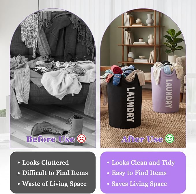 2Pack 125L Laundry Hamper, Oxford Clothes Basket with Padded Handle | IHOMAGIC Tall Blanket Basket, Freestanding Clothes Hamper, Water-resistant Storage Basket for Hotel, Family, Black+Purple - Image 8