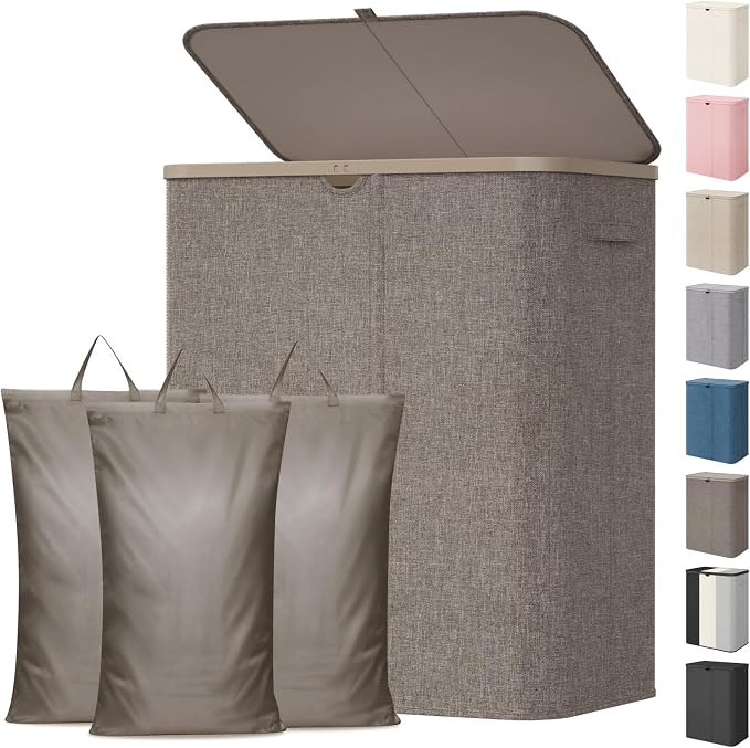 Lifewit 185L 3 Section Laundry Hamper with Lid, Laundry Basket, Brown | Large Foldable Laundry Sorter with 3 Removable Bags, Tall Clothes Hamper for Bedroom and Bathroom by Lifewit