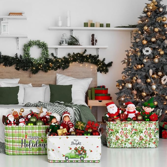 CHENGU 6 Pack Christmas Storage Basket Collapsible Christmas Tree Basket for Gift Green Truck Holiday Decor Large Flower Wreath Bin Foldable Hello Winter Dotted Box with Handle for Bedroom Office Home - Image 7