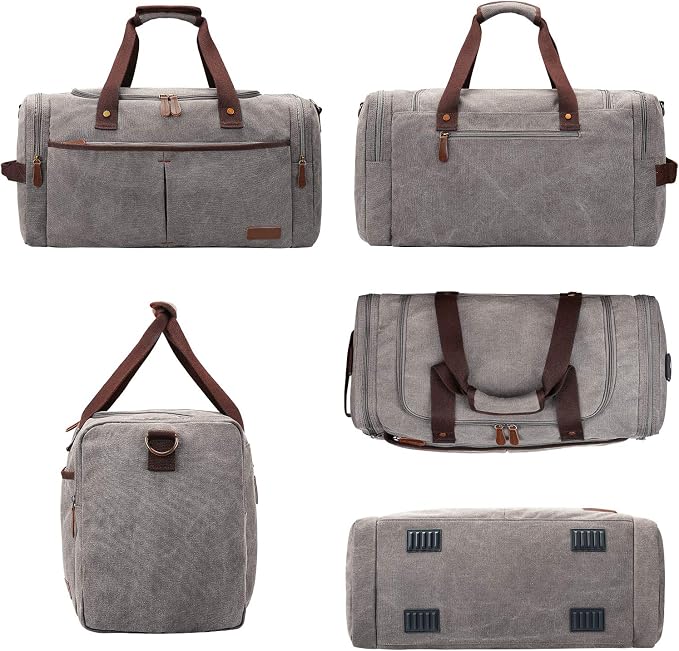 S-ZONE Canvas Duffel Bag for Travel Weekender Overnight Travel Bags for Men | Cotton Canvas, 45L Large Size, Shoes Compartment,Multi-Pocket, Removable Shoulder strap for Gym or Business, Light Gray - Image 6
