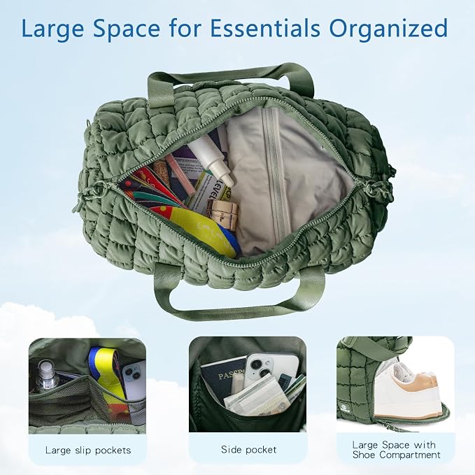 Quilted Gym Bag for Women,Duffle Bag for Travel with Wet Pocket,Carry on Weekender Bags for Women,Travel Bag with Shoe Compartment(Green) - Image 3