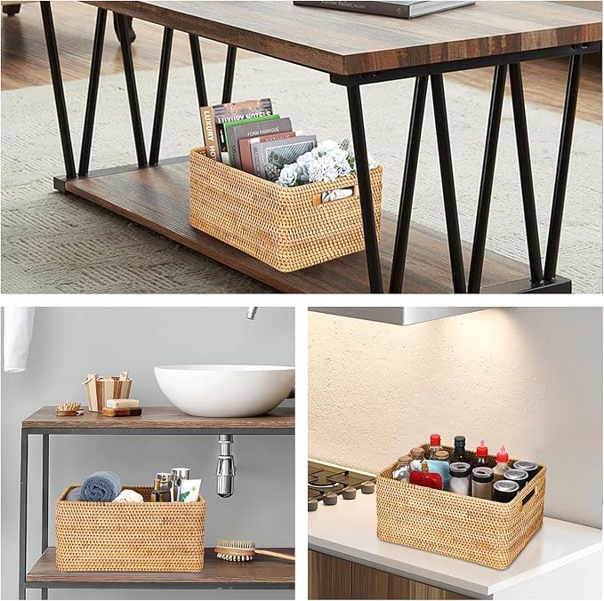 Hipiwe Rattan Wicker Storage Basket for Shelf Organizer, Large 15"x11"x7.1" | Handwoven Decorative Basket Bin with Build-in Handles, Natural Rectanguar Wardrobe Home Organizer - Image 5