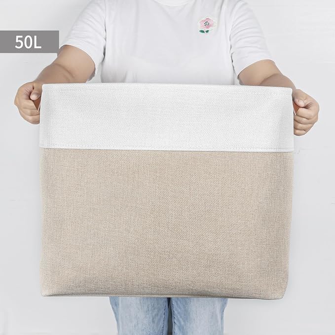 Large Fabric Storage Baskets | 50L Storage Bins, Decorative Linen Closet Baskets with Handles for Organizing, Shelf, Toys, Clothes, Home, Office, Nursery, 17x12x15Inches (Beige&White) - Image 6