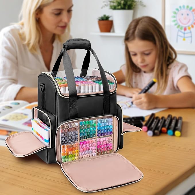 Rexmica Double Layer Marker Organizer Bag for 400 Markers, Black | Inner Dividers, Shoulder Strap, Large Marker Storage Case for Art Marker/Coloring Book/Painting Supplies, Patented Design - Image 7