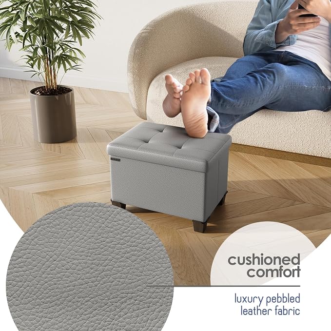 Storage Ottoman Cube with Small Bin, 16-in Square Ottoman with Storage for Living Room and Bedroom, Small Ottomans Foot Rest, Leather Foot Stools Ottomans Max 330lbs, Light Grey - Image 7